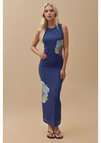 Kadın Çiçek Desenli Bisiklet Yaka Bodycon Uzun Elbise Blue