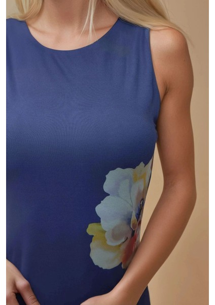 Kadın Çiçek Desenli Bisiklet Yaka Bodycon Uzun Elbise Blue