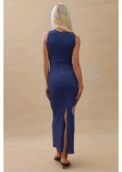Kadın Çiçek Desenli Bisiklet Yaka Bodycon Uzun Elbise Blue