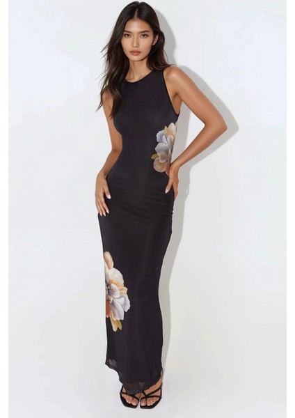 Kadın Çiçek Desenli Bisiklet Yaka Bodycon Uzun Elbise Siyah