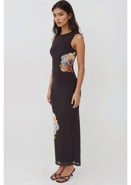 Kadın Çiçek Desenli Bisiklet Yaka Bodycon Uzun Elbise Siyah