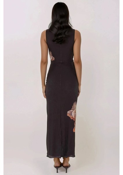 Kadın Çiçek Desenli Bisiklet Yaka Bodycon Uzun Elbise Siyah