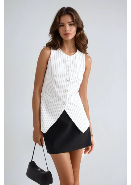 Kadın Çizgili Bisiklet Yaka Yelek Beyaz
