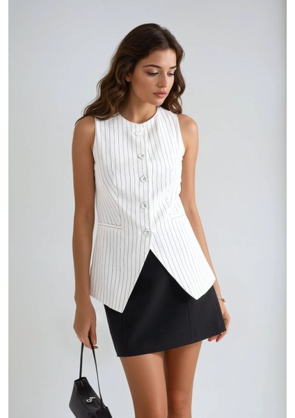 Kadın Çizgili Bisiklet Yaka Yelek Beyaz
