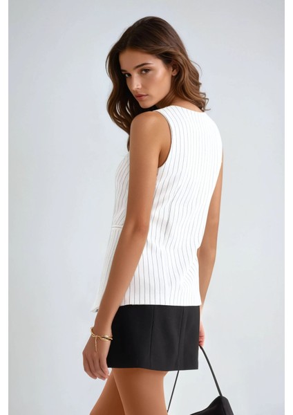 Kadın Çizgili Bisiklet Yaka Yelek Beyaz