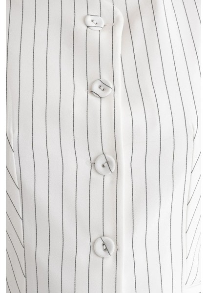 Kadın Çizgili Bisiklet Yaka Yelek Beyaz