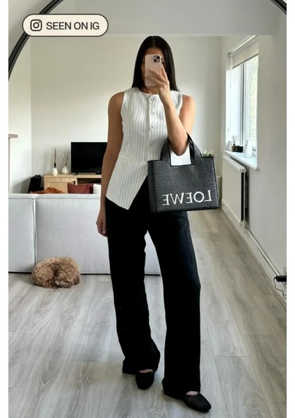 Kadın Çizgili Bisiklet Yaka Yelek Beyaz