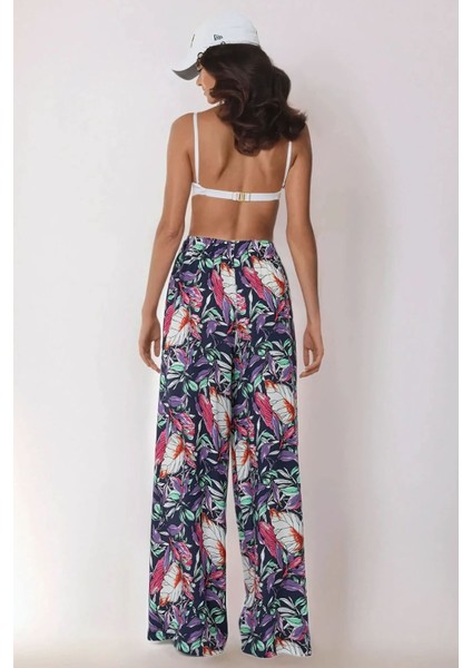 Kadın Çekmece İpli Baskılı Geniş Paça Pantolon Multicolor