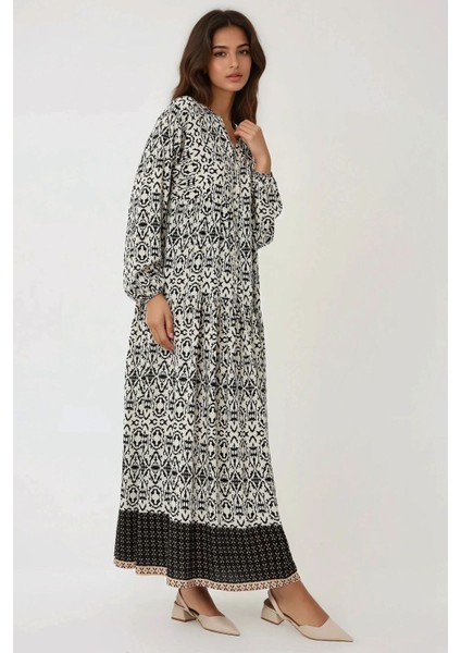 Kadın Gömlek Yaka Desenli Modest Elbise Siyah