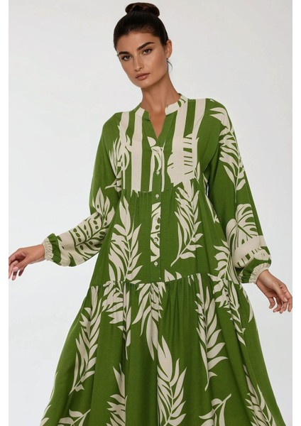 Kadın Baskılı Uzun Kol Viskon Modest Elbise Green