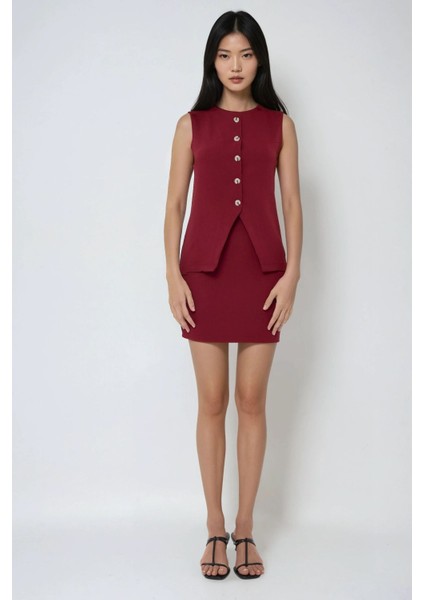 Kadın Yüksek Bel Dordo Mini Kalem Etek Red