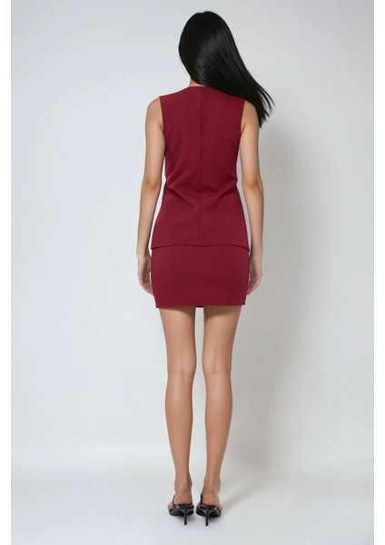 Kadın Yüksek Bel Dordo Mini Kalem Etek Red