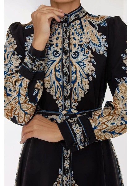 Kadın Baskılı Uzun Kol Kemerli Modest Elbise Siyah