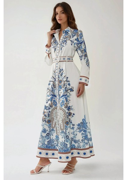 Kadın Baskılı Uzun Kol Kemerli Modest Elbise Blue