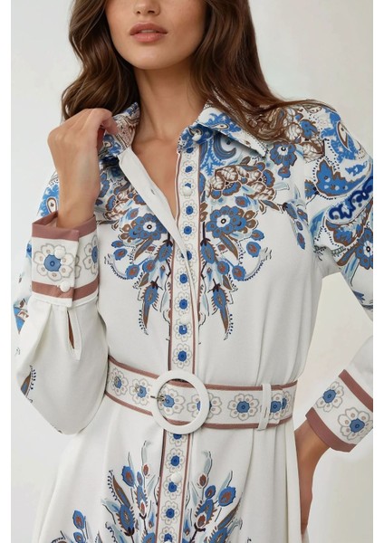 Kadın Baskılı Uzun Kol Kemerli Modest Elbise Blue