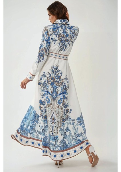 Kadın Baskılı Uzun Kol Kemerli Modest Elbise Blue