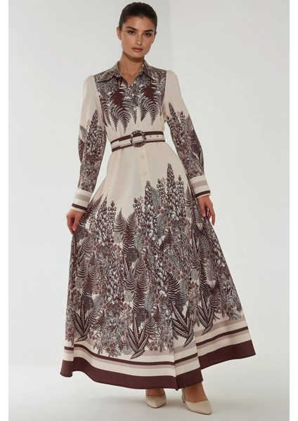 Kadın Baskılı Uzun Kol Kemerli Modest Elbise Natural