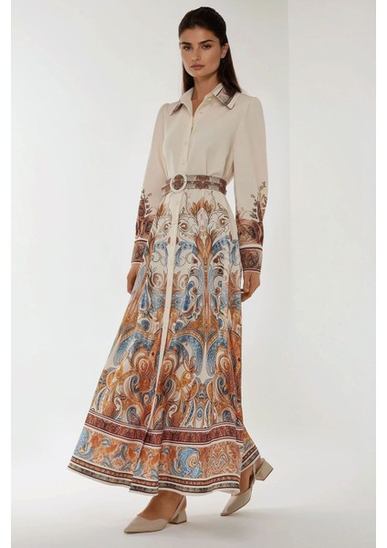 Kadın Baskılı Uzun Kol Kemerli Modest Elbise White