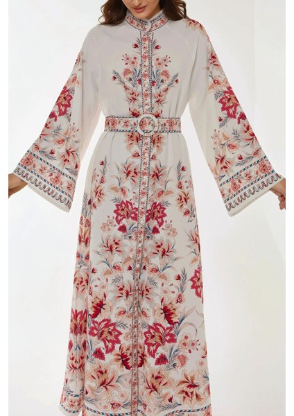 Kadın Baskılı Uzun Kol Kemerli Modest Elbise Multicolor