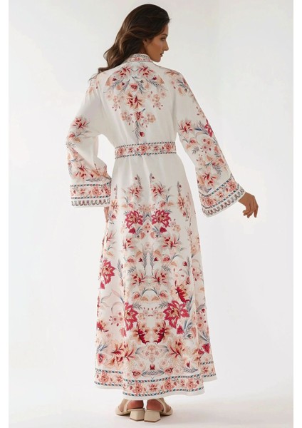 Kadın Baskılı Uzun Kol Kemerli Modest Elbise Multicolor