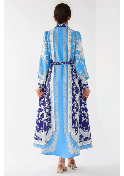 Kadın Baskılı Uzun Kol Kuşaklı Modest Elbise Mavi