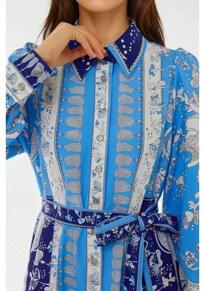 Kadın Baskılı Uzun Kol Kuşaklı Modest Elbise Mavi