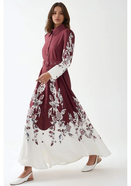 Kadın Baskılı Uzun Kol Kemerli Modest Elbise Red