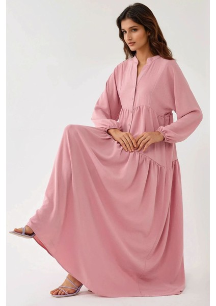 Kadın Düğme Detaylı Dokulu Uzun Kol V Yaka Modest Elbise Pink