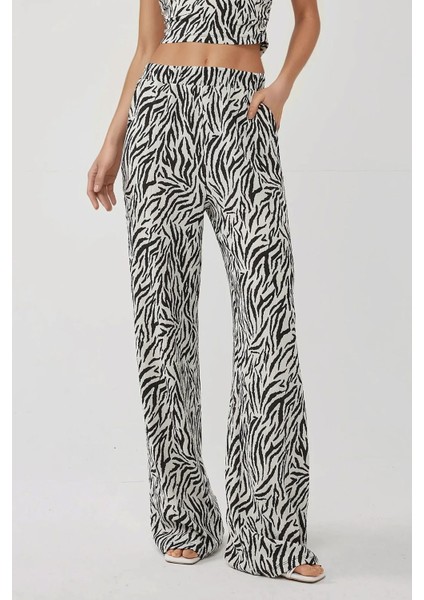 Kadın Geniş Paça Zebra Desenli Pantolon Multicolor