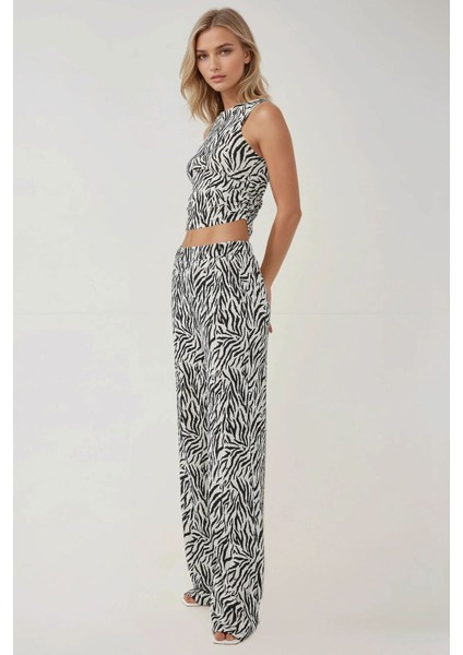 Kadın Geniş Paça Zebra Desenli Pantolon Multicolor