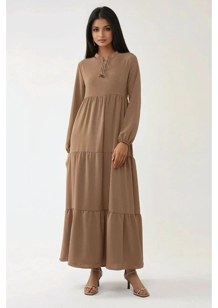 Kadın Düğmeli Desenli Kısa Modest Elbise Deve Kahvesi