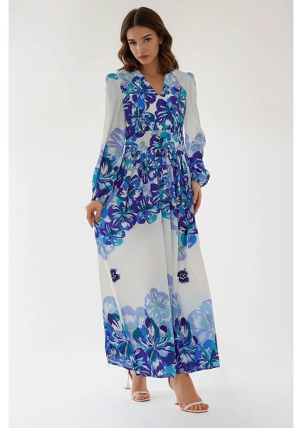Kadın V Yaka Desenli Modest Elbise Mavi