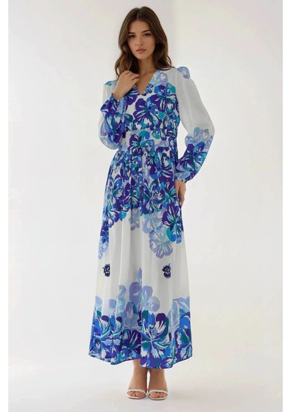 Kadın V Yaka Desenli Modest Elbise Mavi