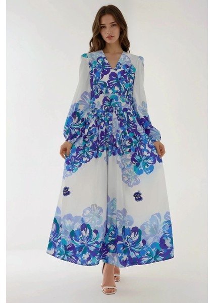 Kadın V Yaka Desenli Modest Elbise Mavi