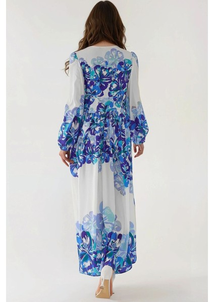 Kadın V Yaka Desenli Modest Elbise Mavi