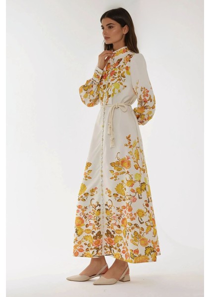 Kadın Baskılı Uzun Kol Kuşaklı Modest Elbise Multicolor