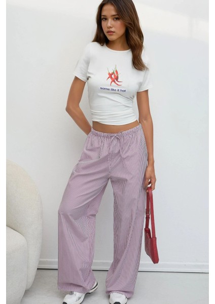 Kadın Beli Lastikli Çizgili Pamuklu Pijama Altı Red