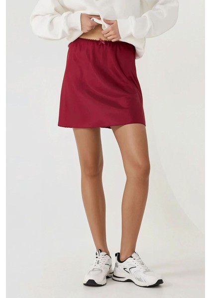 Kadın Saten Mini Etek Bordo Kırmızı