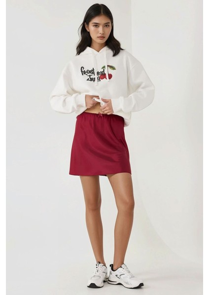 Kadın Saten Mini Etek Bordo Kırmızı