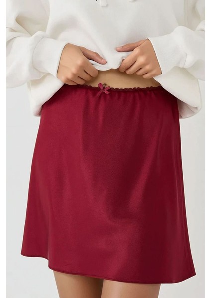 Kadın Saten Mini Etek Bordo Kırmızı