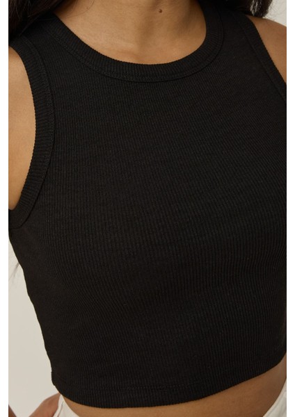 Kadın Halter Yaka Fitilli Kısa Örme Askılı Üst Black