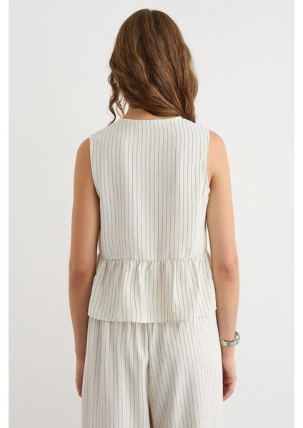 Kadın Çizgili Bisiklet Yaka Kolsuz Bluz White