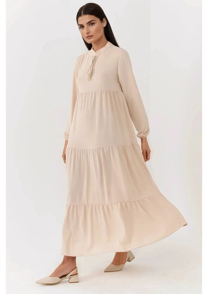 Kadın Düğmeli Desenli Kısa Modest Elbise Natural