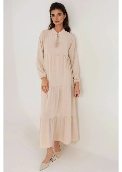 Kadın Düğmeli Desenli Kısa Modest Elbise Natural