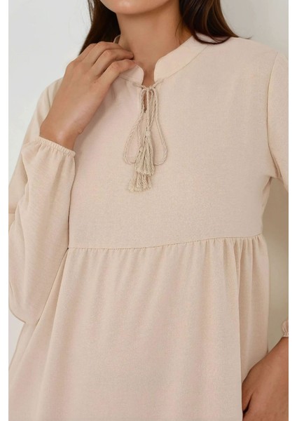 Kadın Düğmeli Desenli Kısa Modest Elbise Natural