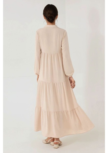 Kadın Düğmeli Desenli Kısa Modest Elbise Natural