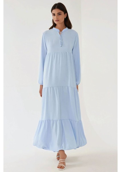 Kadın Düğmeli Desenli Kısa Modest Elbise Blue