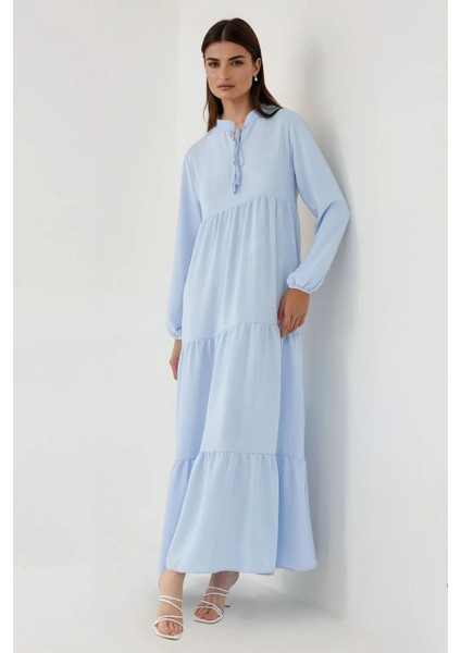 Kadın Düğmeli Desenli Kısa Modest Elbise Blue