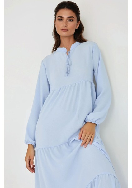 Kadın Düğmeli Desenli Kısa Modest Elbise Blue