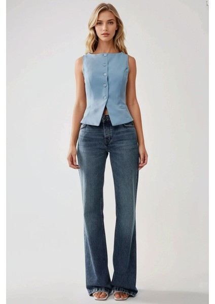 Kadın Düğme Detaylı Kolsuz Bisiklet Yaka Yelek Blue